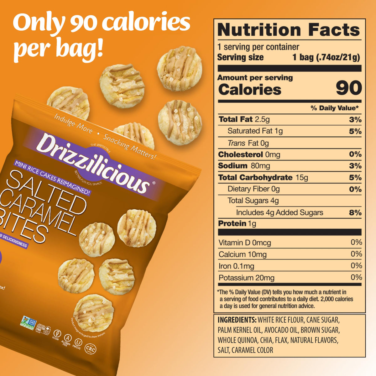 Drizzilicious Mini Flavored Rice Cakes Salted Caramel – 90 Cal Per Bag, Vegan & Gluten Free (Pack of 10)