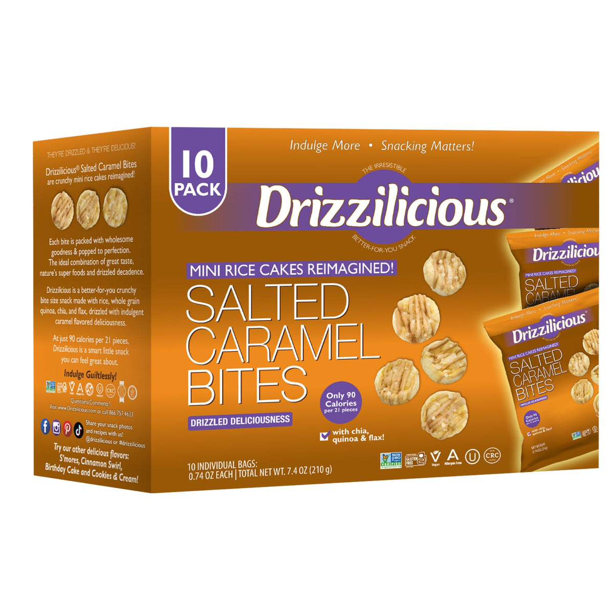 Drizzilicious Mini Flavored Rice Cakes Salted Caramel – 90 Cal Per Bag, Vegan & Gluten Free (Pack of 10)