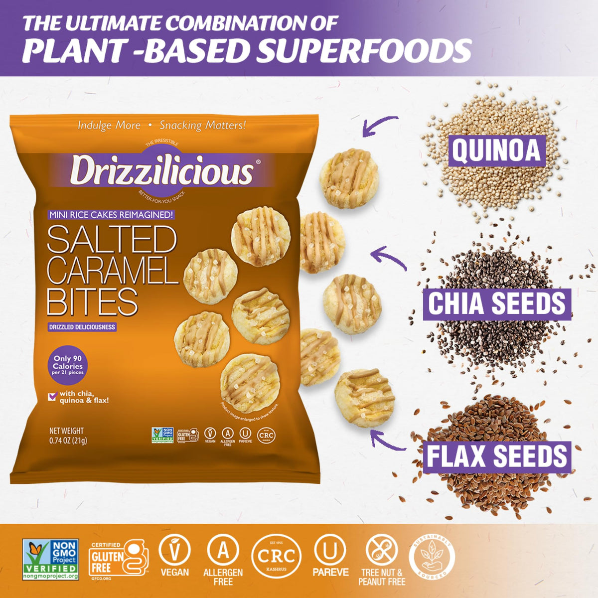 Drizzilicious Mini Flavored Rice Cakes Salted Caramel – 90 Cal Per Bag, Vegan & Gluten Free (Pack of 10)