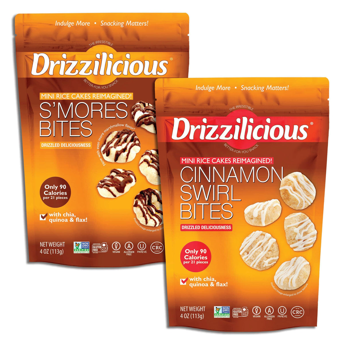 Drizzilicious Mini Flavored Rice Cakes – S'mores & Cinnamon Swirl, Gluten Free, Vegan, 90 Calories