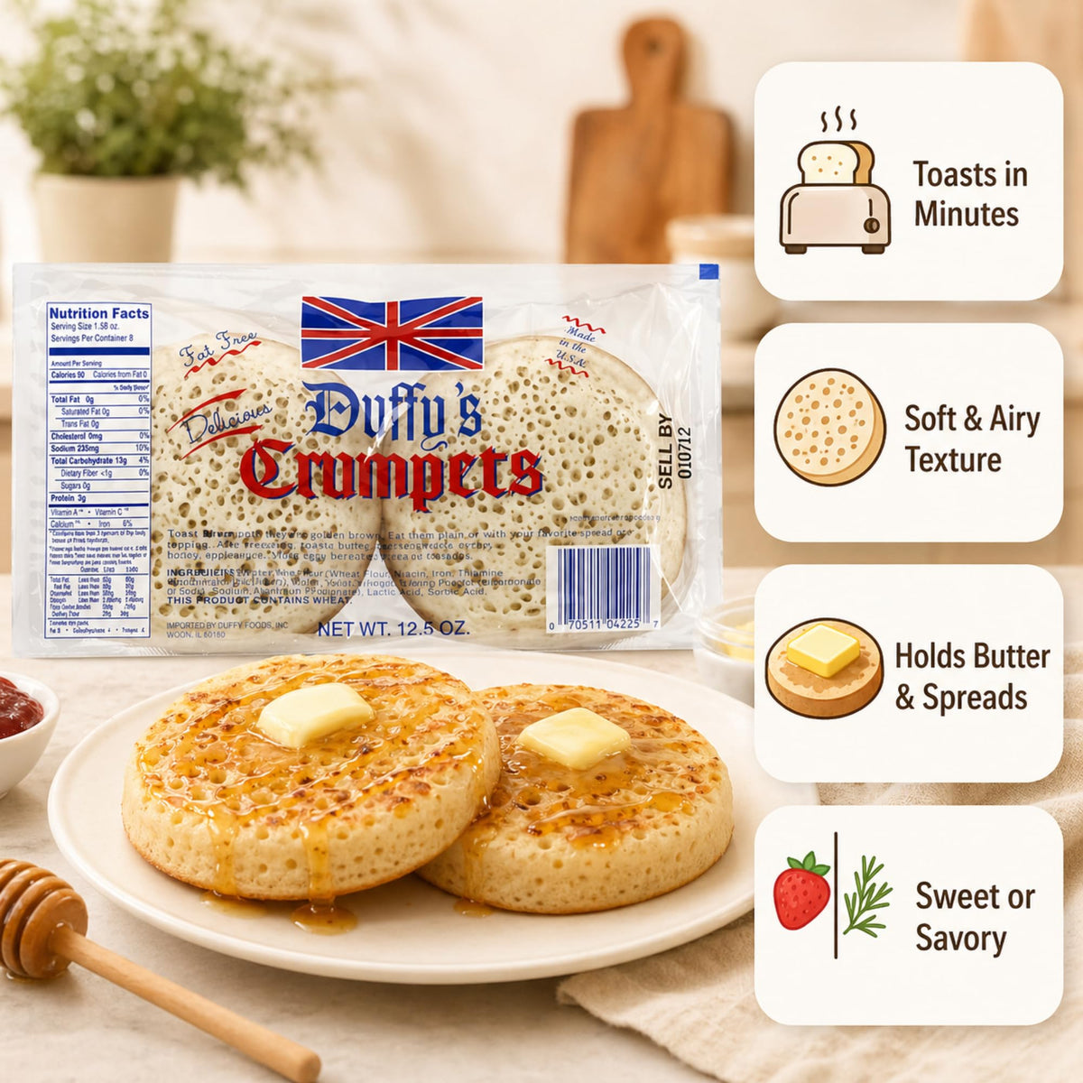 Duffy's Crumpets – Soft & Airy British Breakfast Crumpets, 4-Pack (12.5 oz total)
