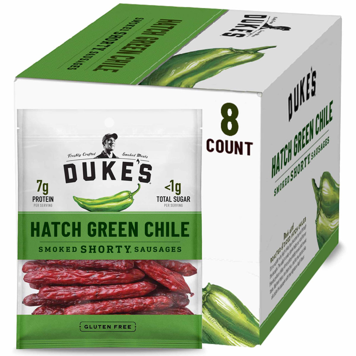 Duke's Hatch Green Chile Smoked Shorty Sausages – 7g Protein per Serving, 5 oz Pack of 8 | Gluten Free, Keto