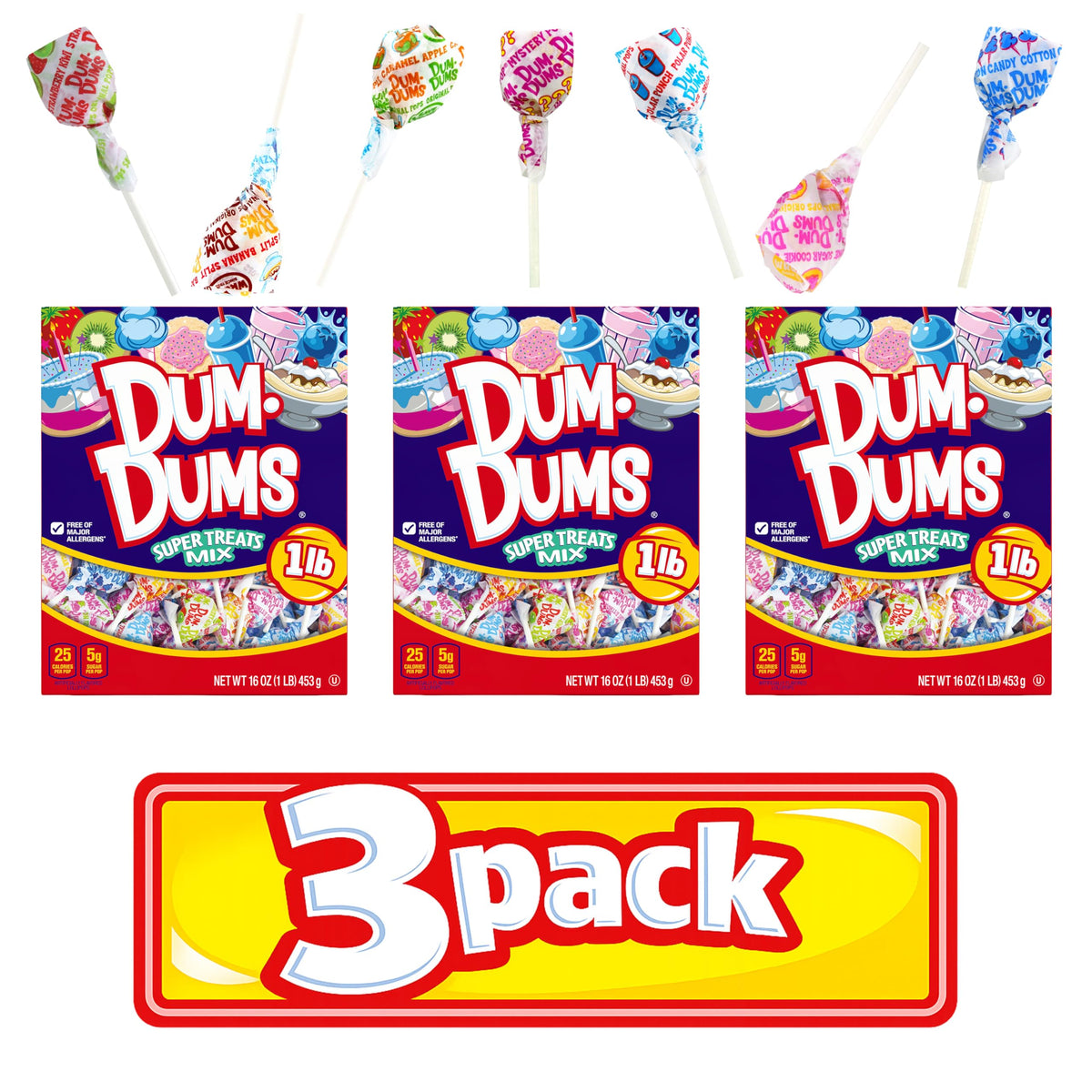 Dum Dums Super Treats 1 lb Box - 3 Pack Assorted Lollipops (Individually Wrapped)