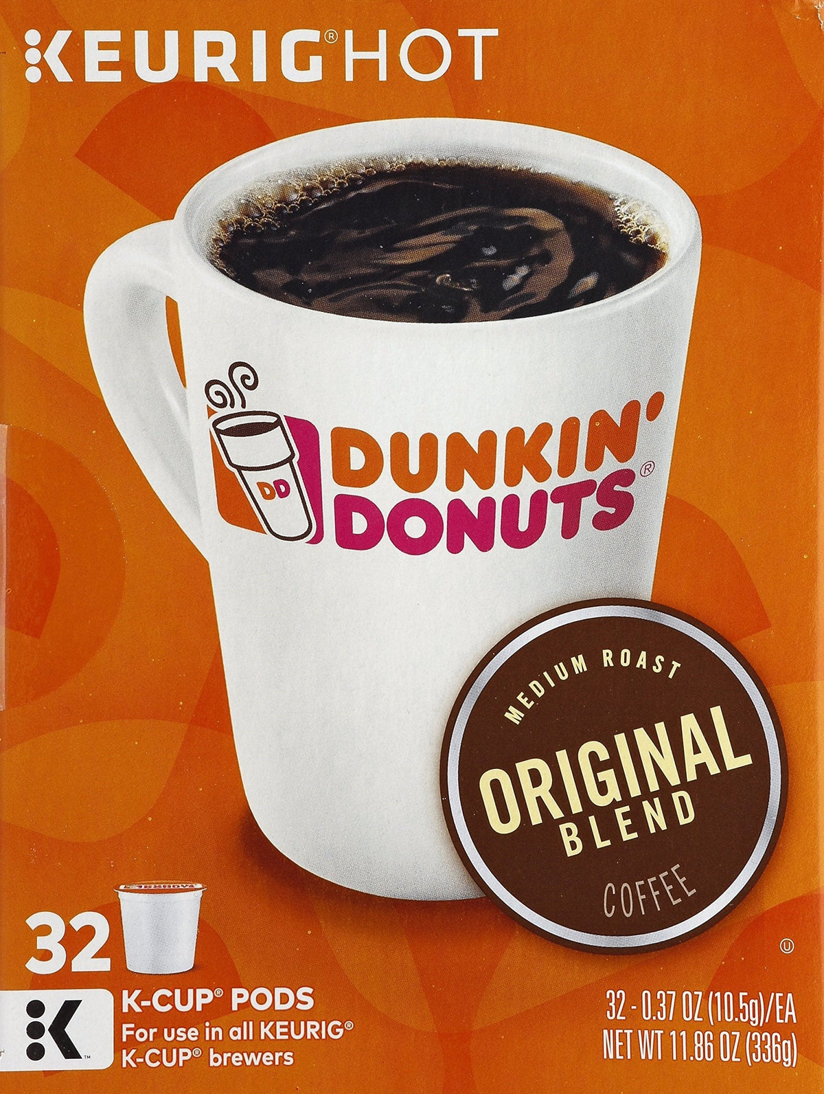 Dunkin' Donuts Original Blend Medium Roast Coffee K-Cups, 32 Count for Keurig