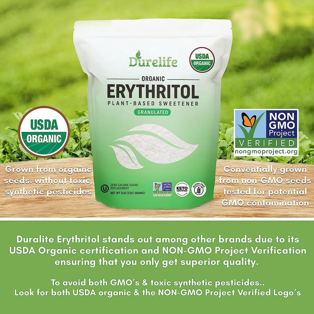 DureLife USDA Organic Erythritol – Non-GMO, Keto Certified, Zero Calorie, Kosher, 5 lb