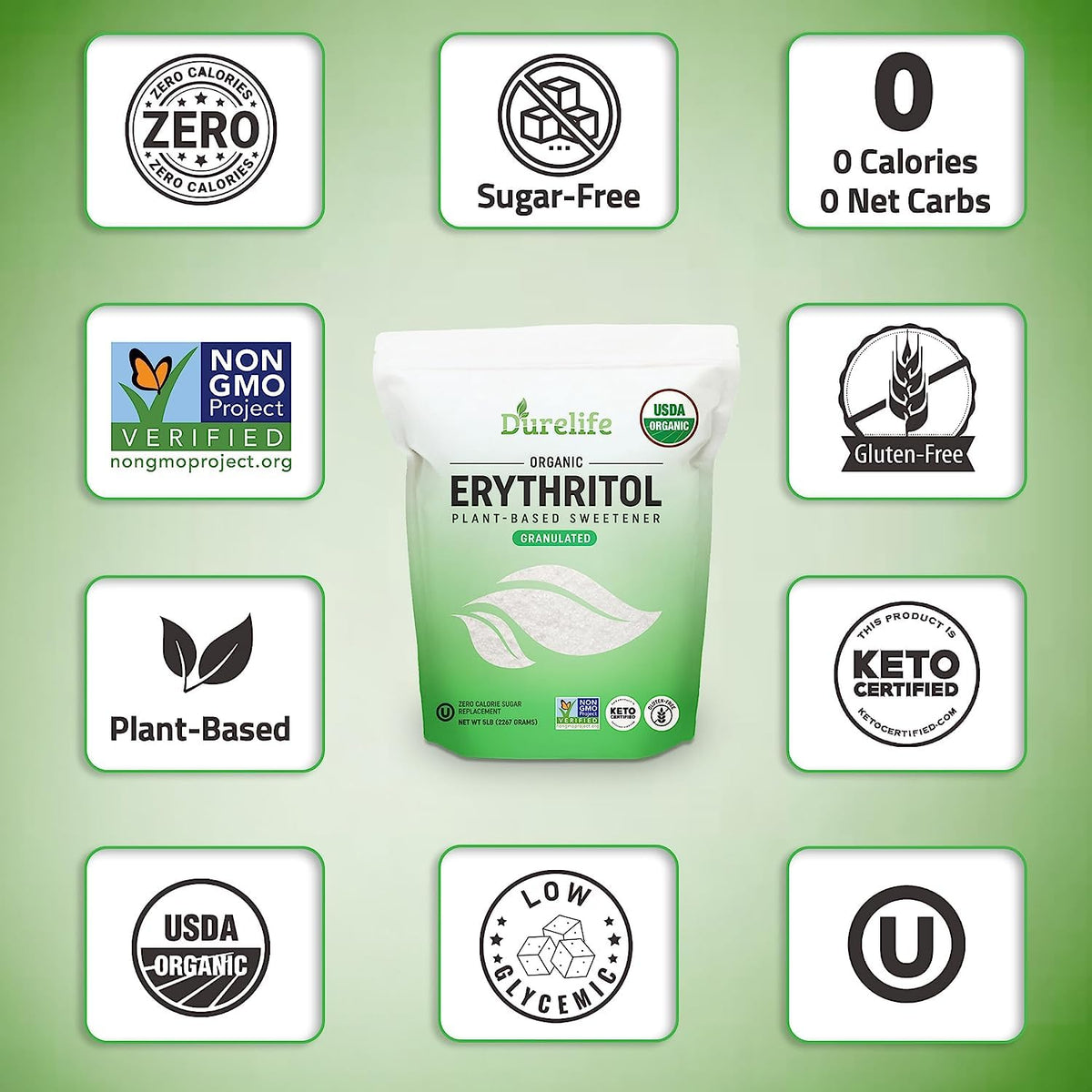 DureLife USDA Organic Erythritol – Non-GMO, Keto Certified, Zero Calorie, Kosher, 5 lb