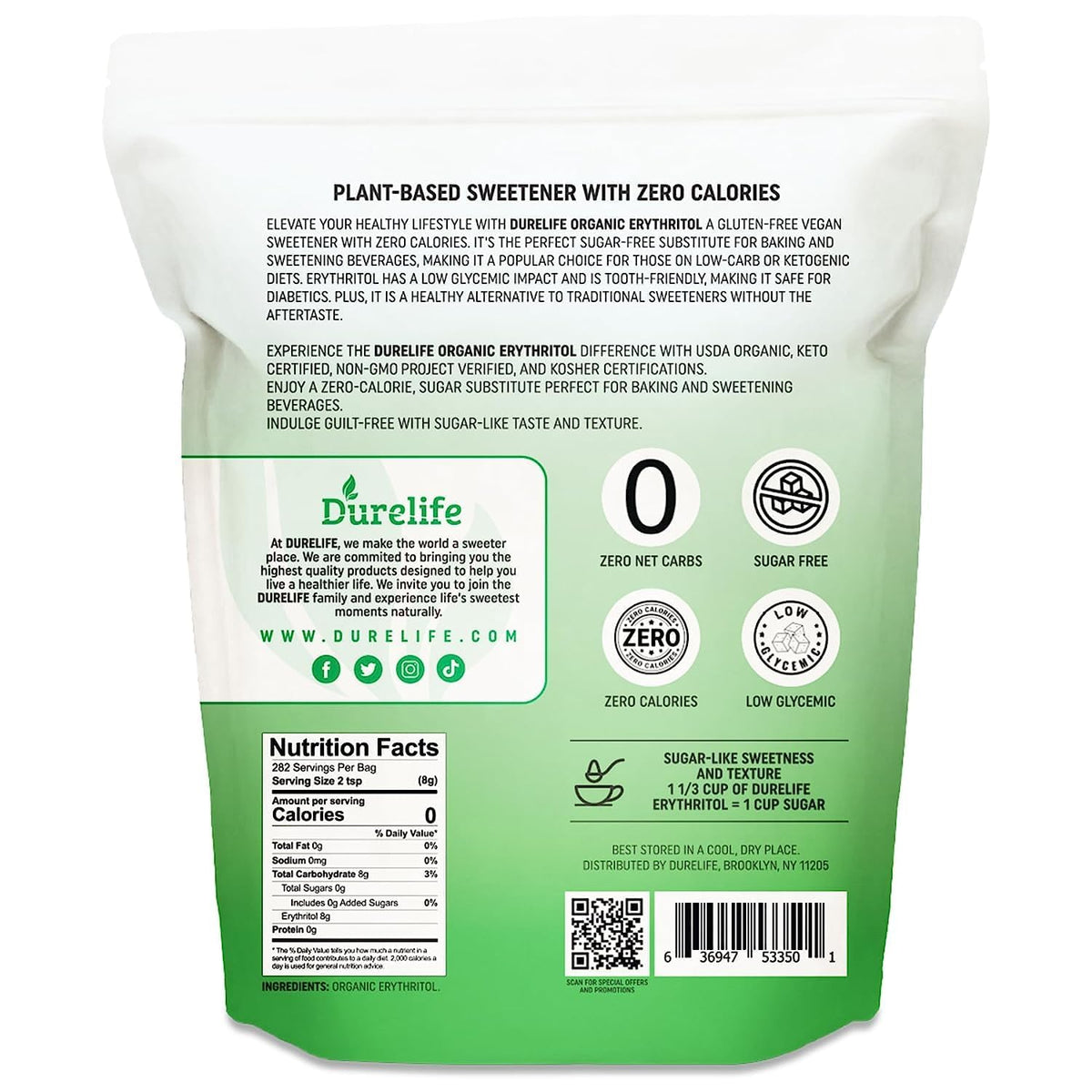 DureLife USDA Organic Erythritol – Non-GMO, Keto Certified, Zero Calorie, Kosher, 5 lb