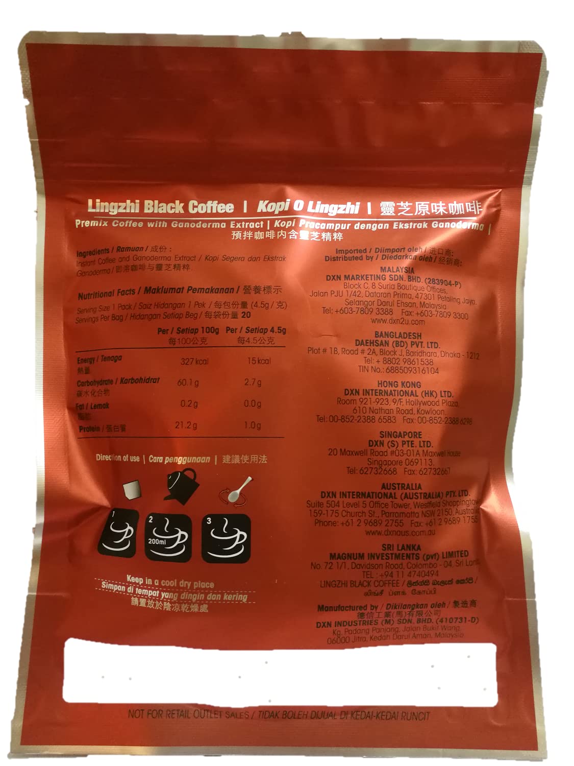 DXN 1 Box Black Coffee 2-in-1 Gourmet with 100% Organic Ganoderma