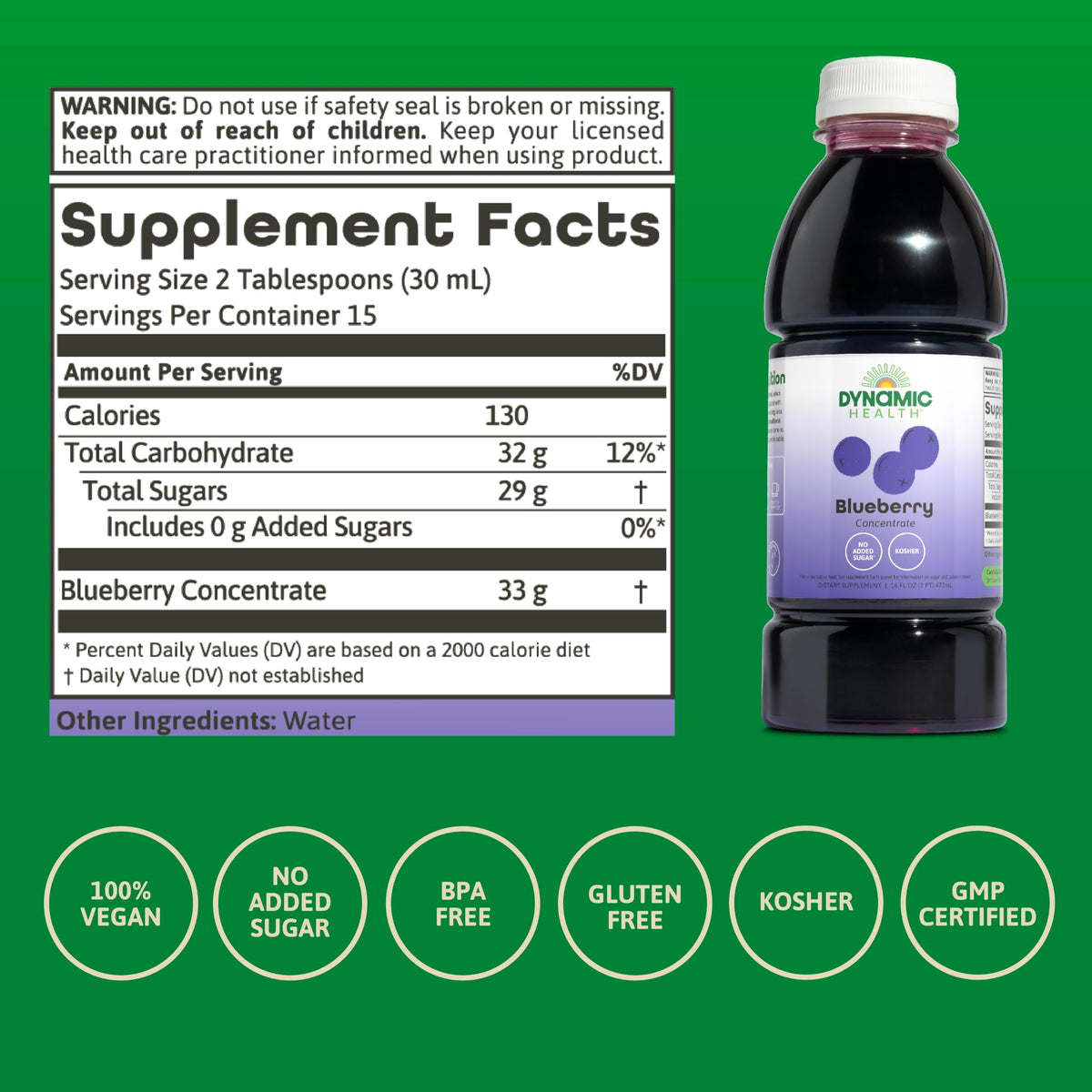 Dynamic Health Blueberry Concentrate – 100% Pure, Unsweetened, 16 fl oz | Brain Function & Antioxidant Support