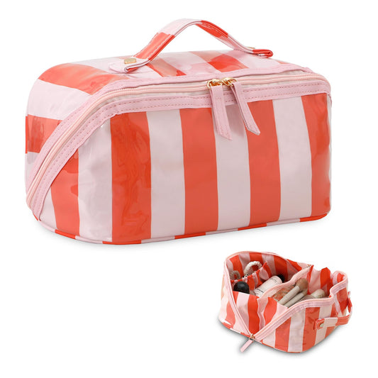 DYSHAYEN Travel Makeup Bag, Pink and Orange Striped