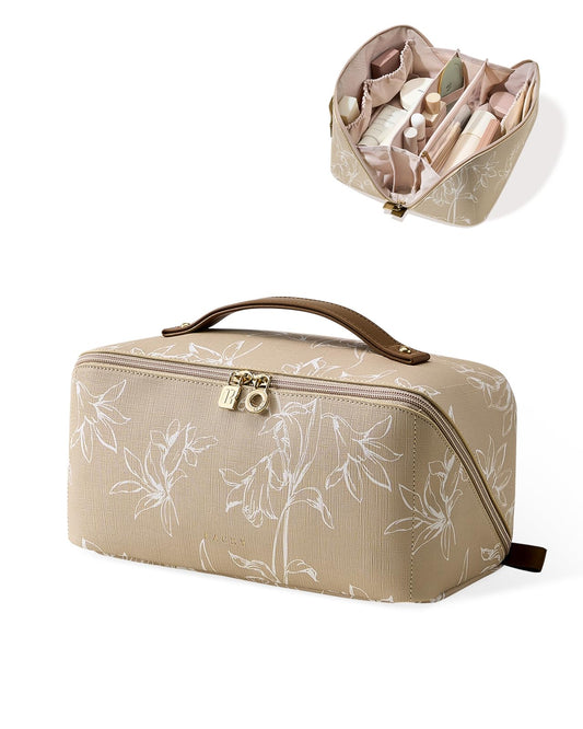 EACHY Travel Makeup Bag, Floral Cosmetic Bag for Women, Brown, Large