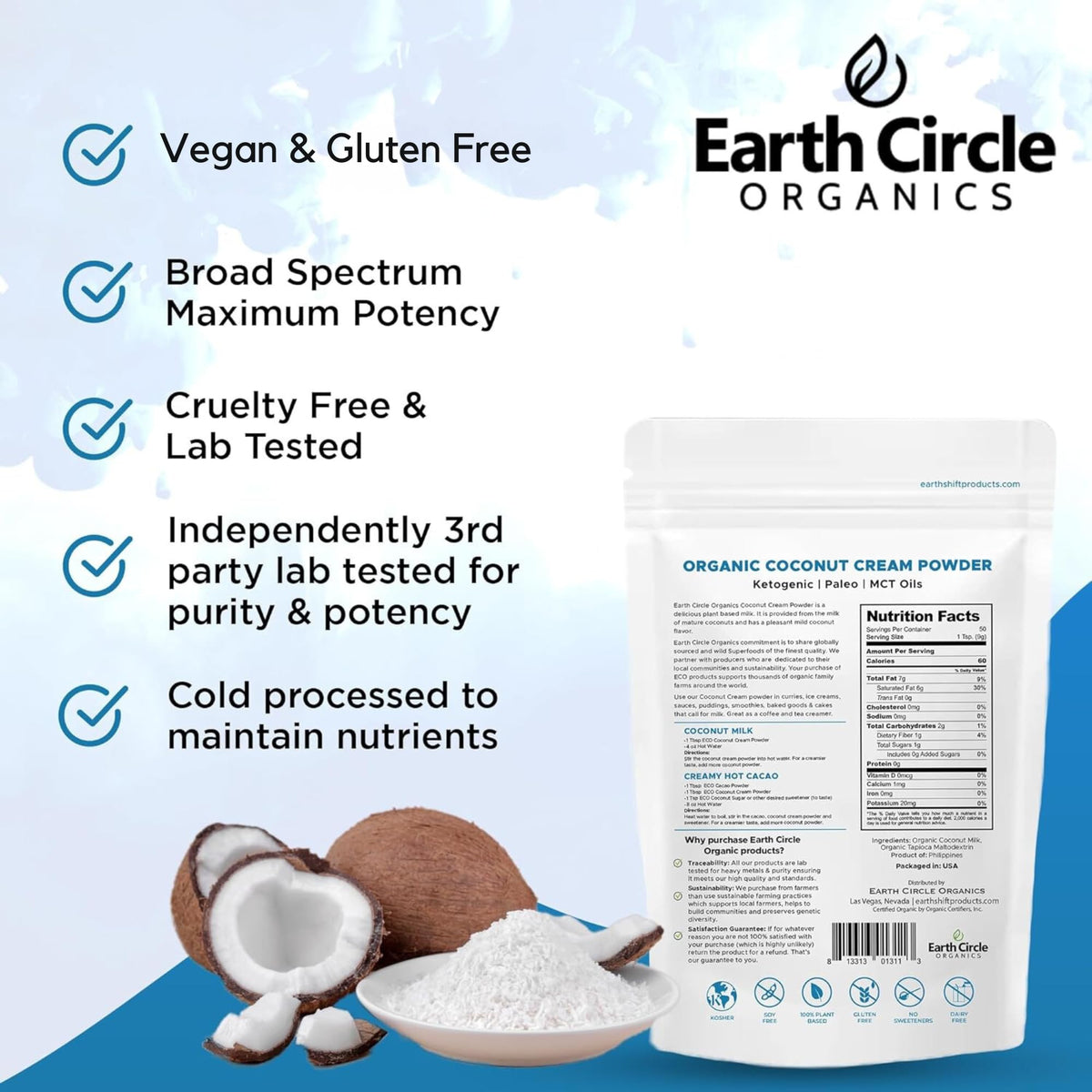 Earth Circle Organics Organic Coconut Milk Powder – Dairy-Free Keto Creamer (1 lb)