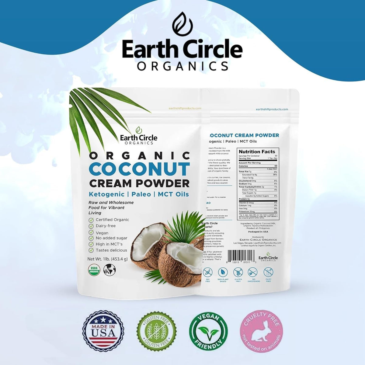 Earth Circle Organics Organic Coconut Milk Powder – Dairy-Free Keto Creamer (1 lb)