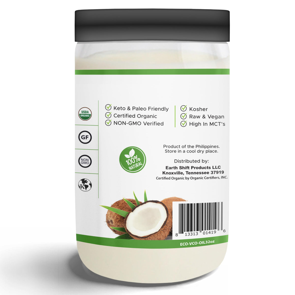 Earth Circle Organics Premium Ultra Pure Extra Virgin Coconut Oil — Cold-Pressed, 32 oz, Gluten-Free, Keto & Paleo