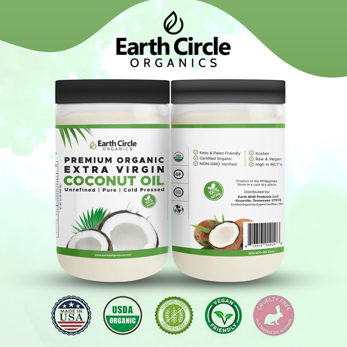Earth Circle Organics Premium Ultra Pure Extra Virgin Coconut Oil — Cold-Pressed, 32 oz, Gluten-Free, Keto & Paleo