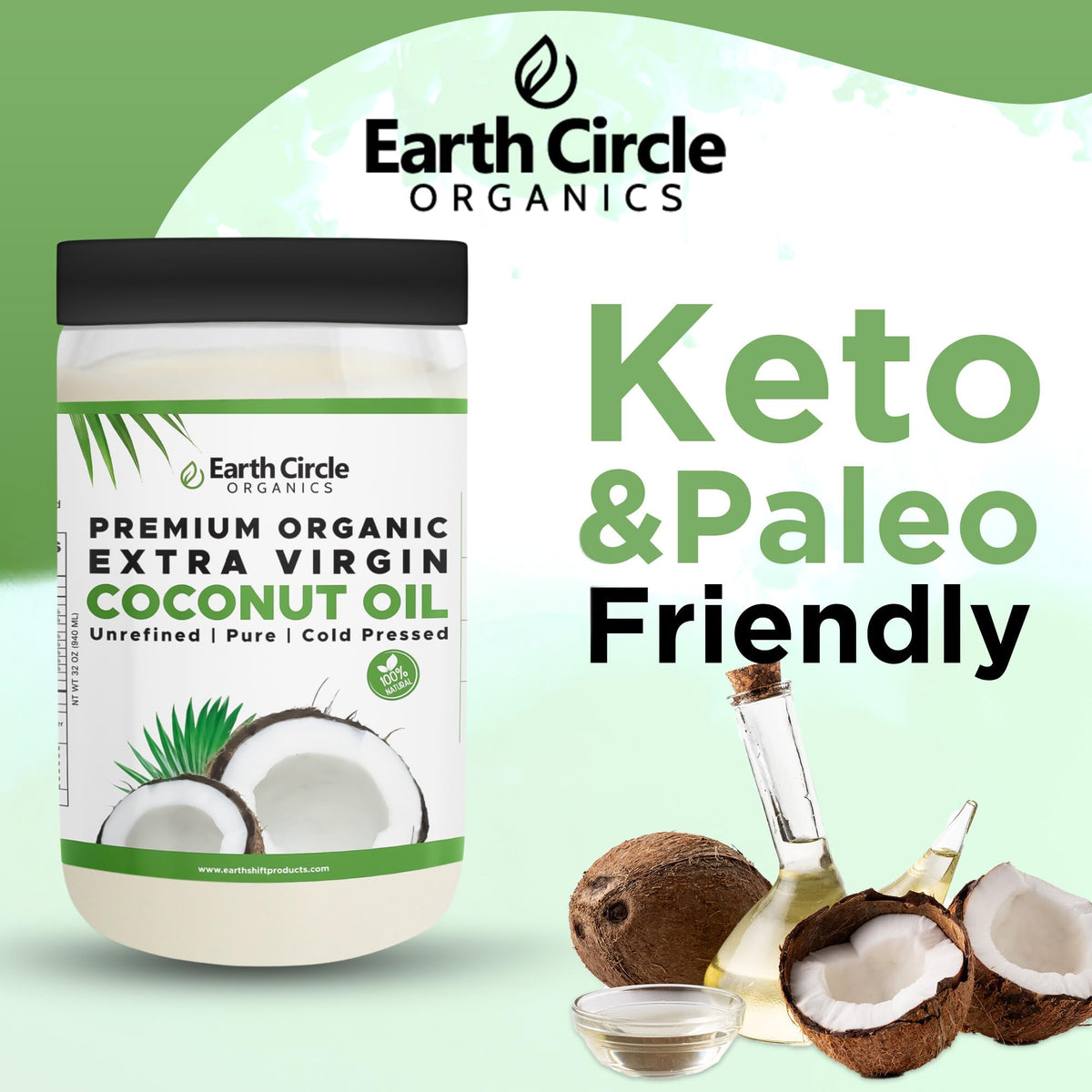 Earth Circle Organics Premium Ultra Pure Extra Virgin Coconut Oil — Cold-Pressed, 32 oz, Gluten-Free, Keto & Paleo