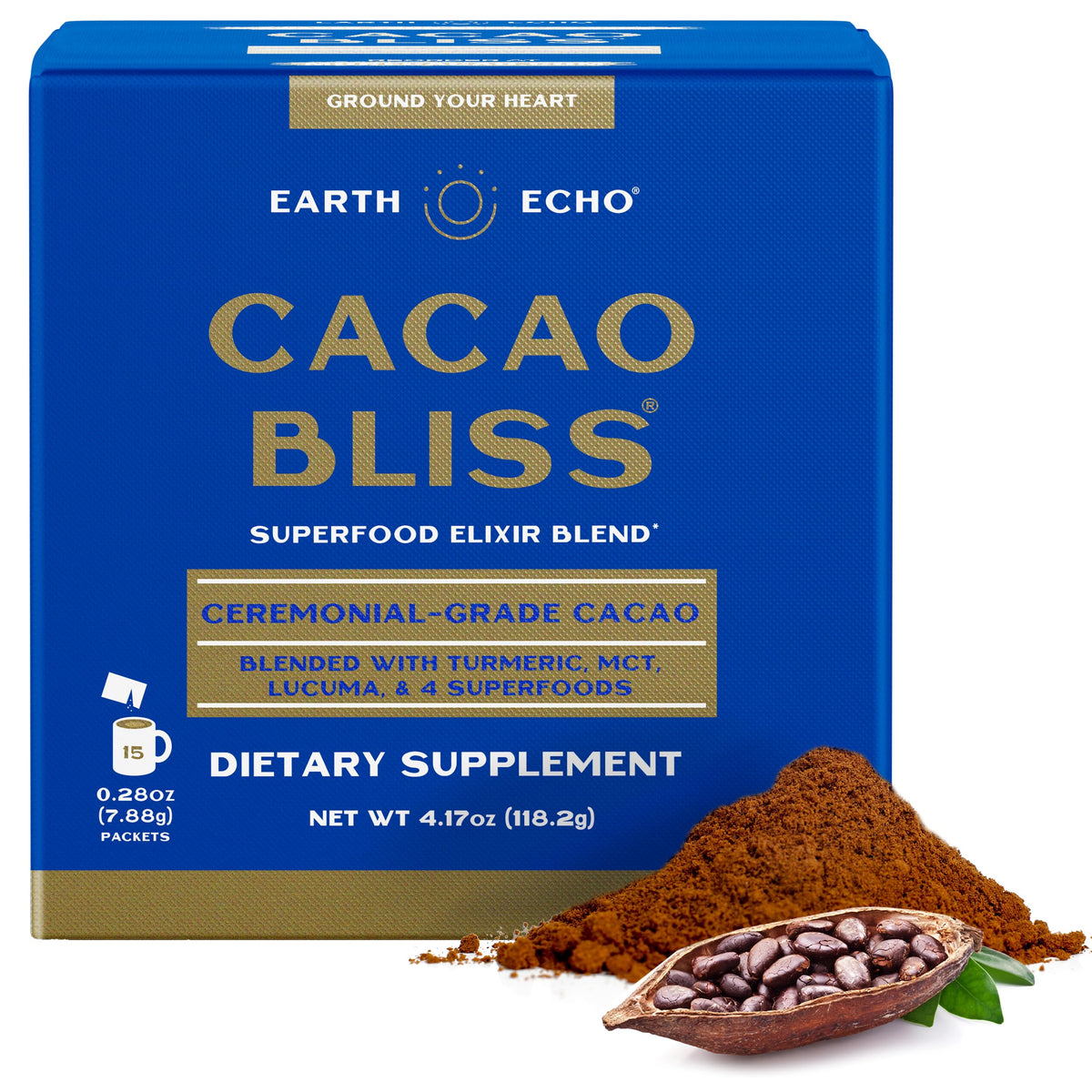 Earth Echo Cacao Bliss - Ceremonial Organic Cacao Powder with MCT Oil & Turmeric | 15 On-the-Go Packets