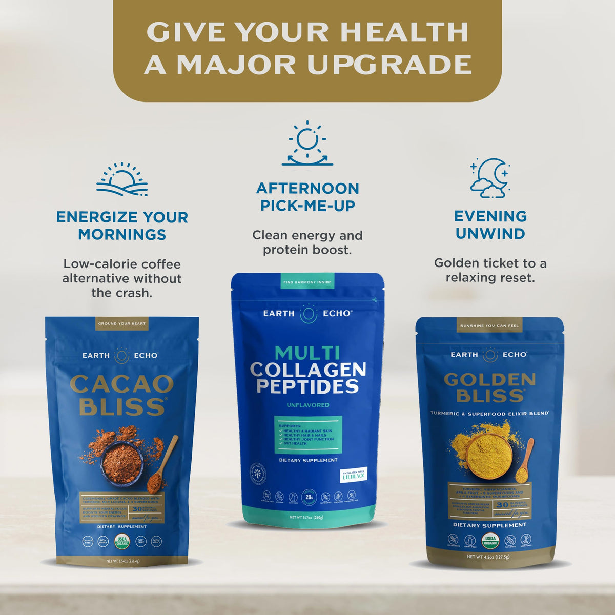 Earth Echo Cacao Bliss - Ceremonial Organic Cacao Powder with MCT Oil & Turmeric | 15 On-the-Go Packets