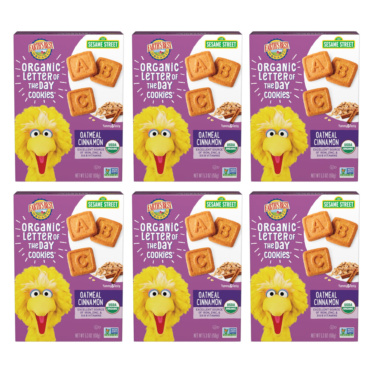 Earth's Best Organic Letter of the Day Cookies for Toddlers – Oatmeal Cinnamon, 5.3 oz Box (Pack of 6)