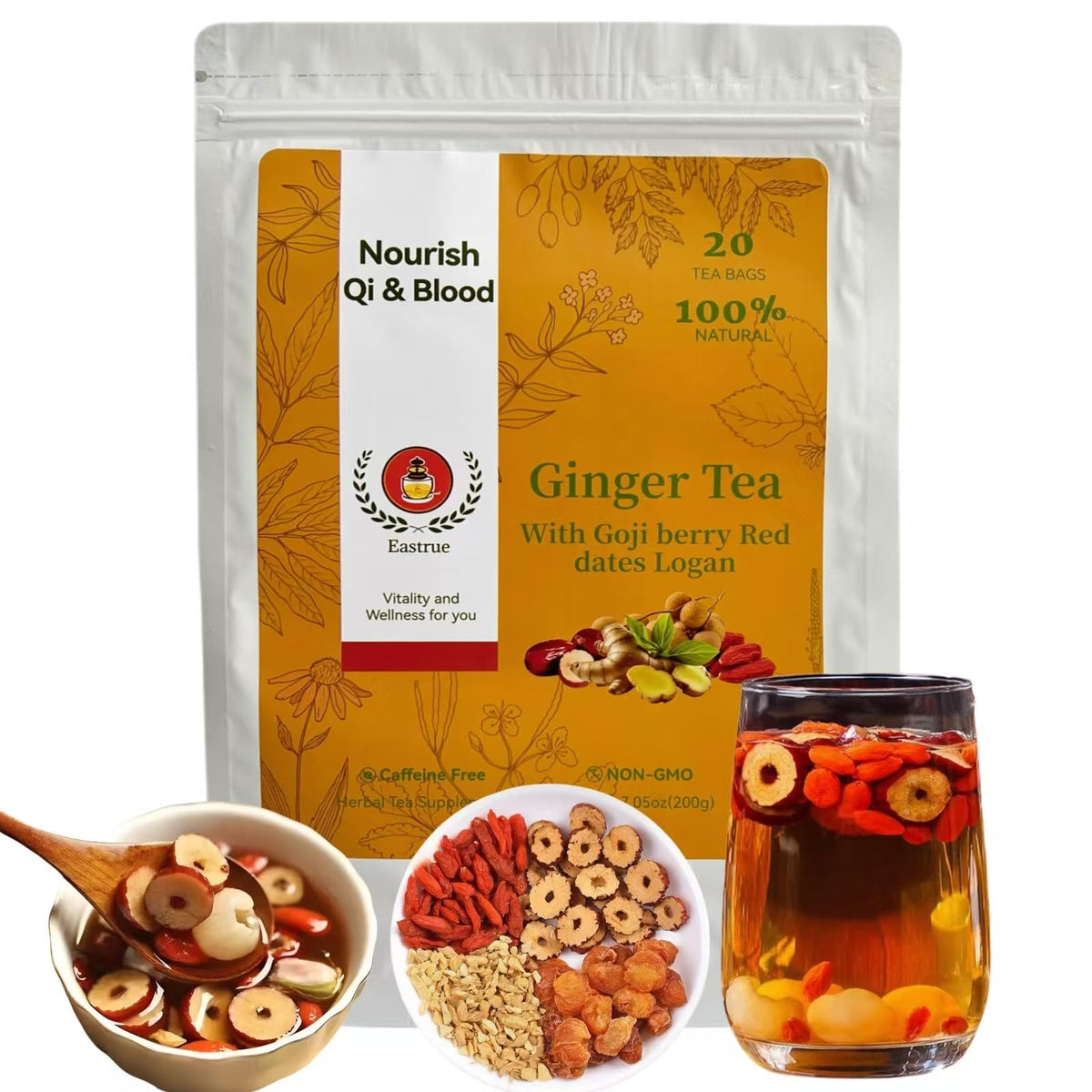 Eastrue Ginger Goji Berry Tea - Caffeine Free Herbal Blend for Women & Pregnancy Support