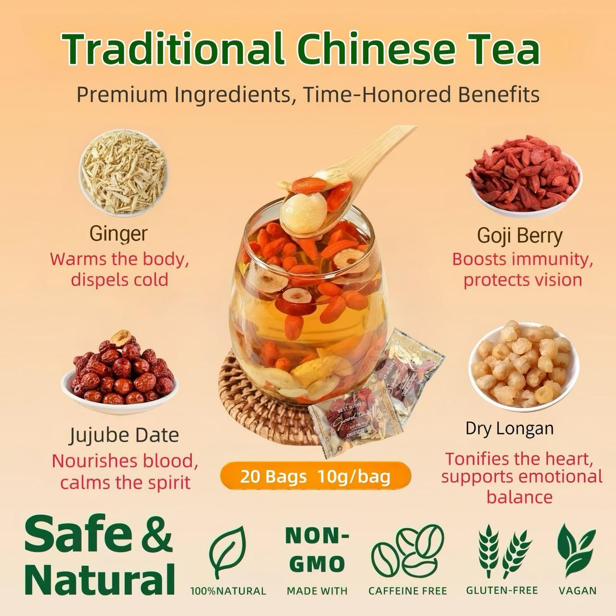 Eastrue Ginger Goji Berry Tea - Caffeine Free Herbal Blend for Women & Pregnancy Support