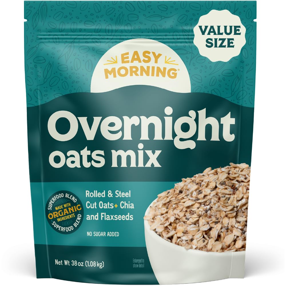 Easy Morning Overnight Oatmeal Mix – Organic, Gluten-Free, No Sugar Added, Soak & Go (38 oz, 25 Servings)