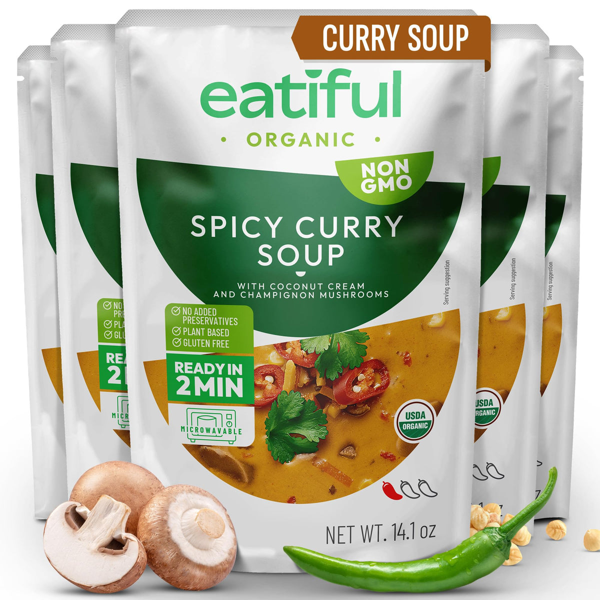 EATIFUL Curry Soup – Organic Thai Vegan Ready-to-Eat, Gluten Free, Non-GMO (Pack of 5) | 14.1 oz