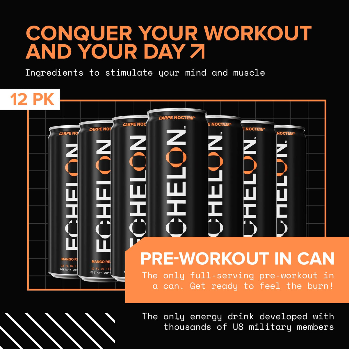 Echelon Mango Reaper Pre-Workout Energy Drink – 12-Pack, 300mg Caffeine, Focus & Endurance