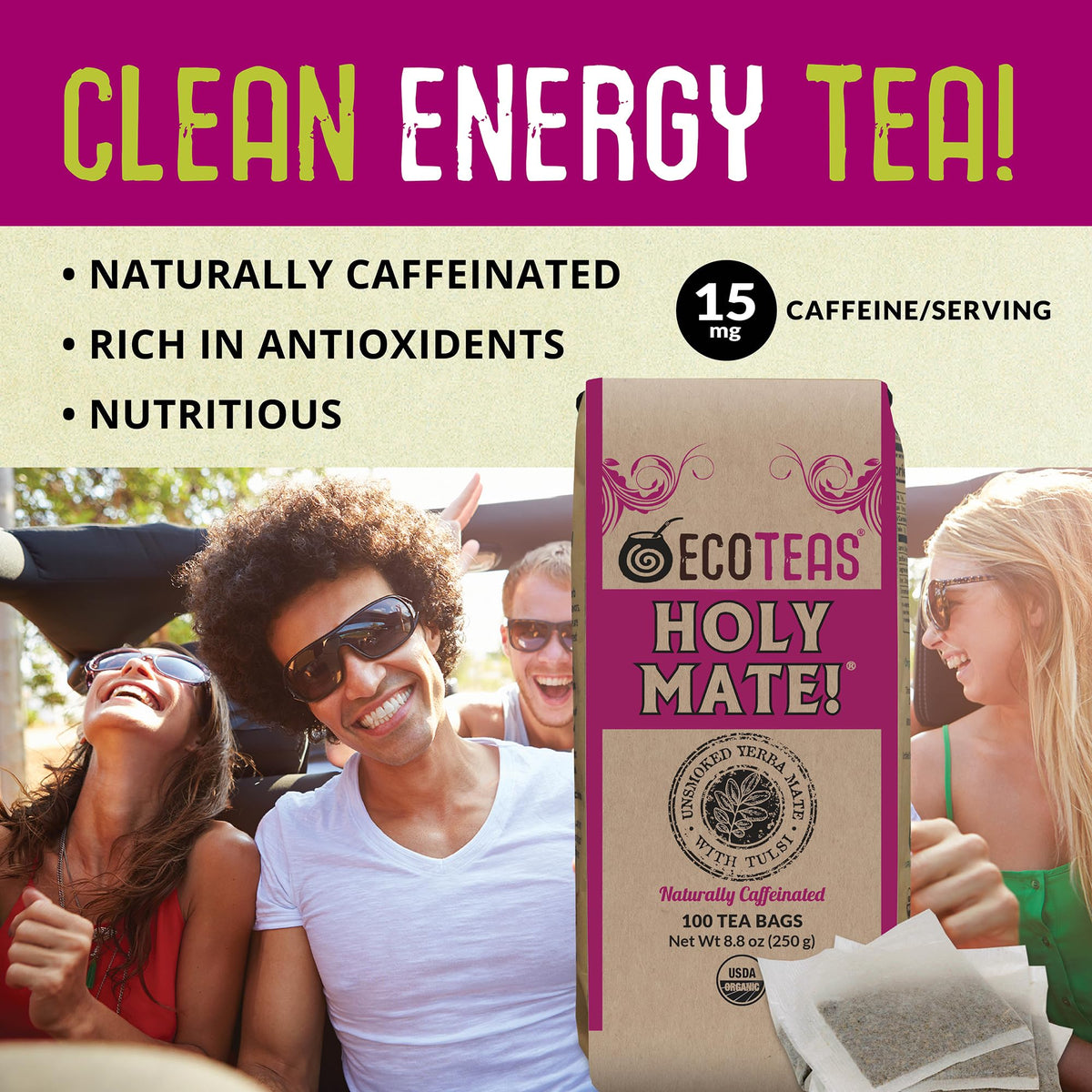 ECOTEAS Holy Mate Organic Yerba Mate Tea Bags with Tulsi & Mint – Natural Energy, Stress Support