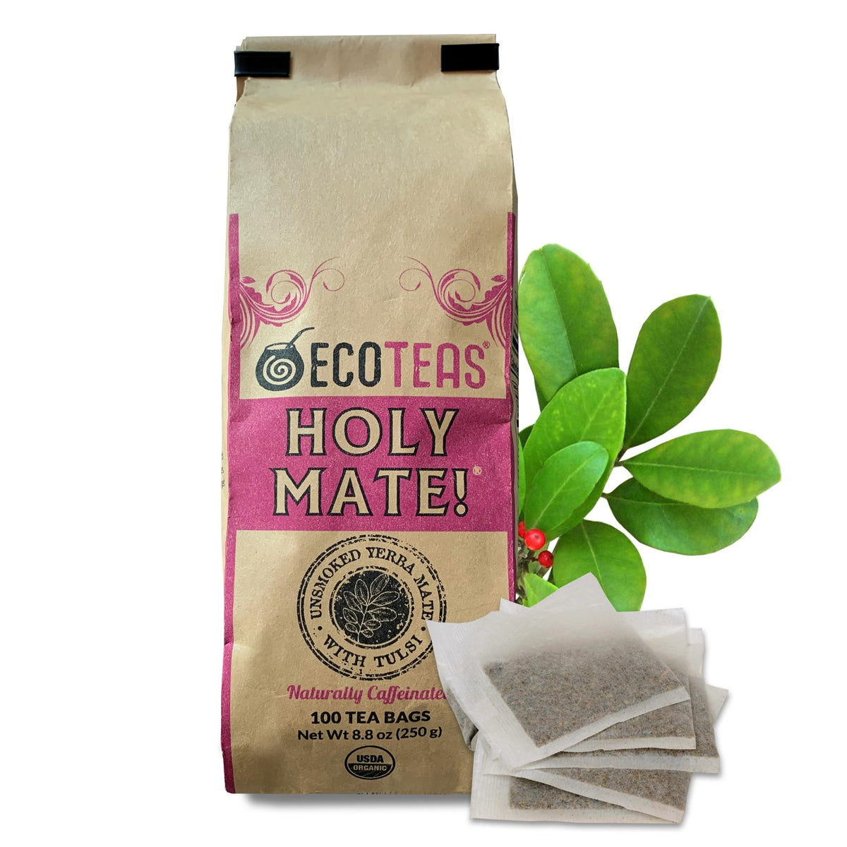 ECOTEAS Holy Mate Organic Yerba Mate Tea Bags with Tulsi & Mint – Natural Energy, Stress Support