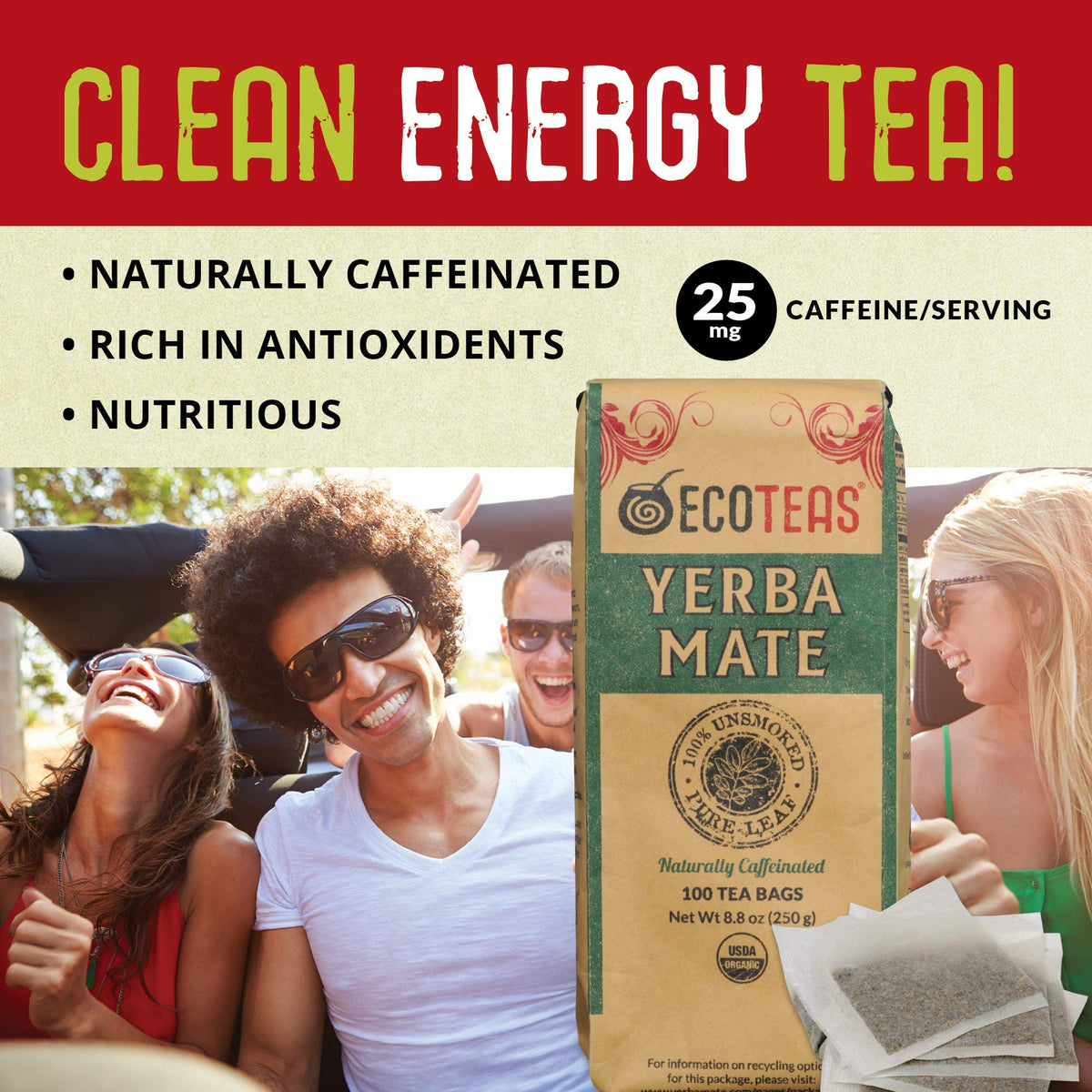ECOTEAS Premium Organic Yerba Mate Tea Bags – Unsmoked, Kosher & Non-GMO Bulk 100 Bags