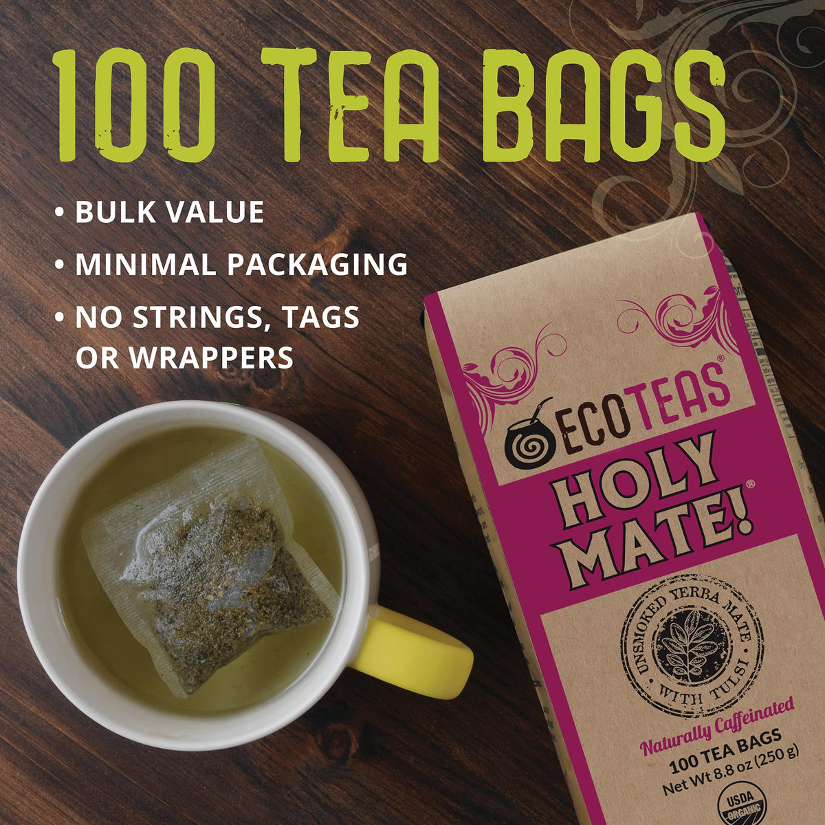 ECOTEAS Holy Mate Organic Yerba Mate Tea Bags with Tulsi & Mint – Natural Energy, Stress Support
