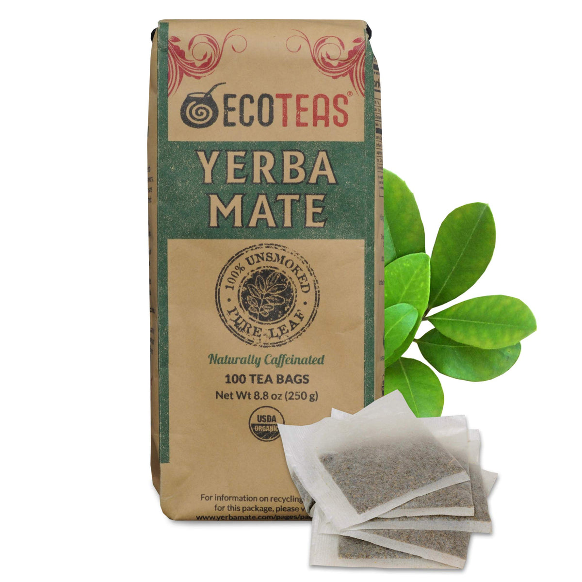 ECOTEAS Premium Organic Yerba Mate Tea Bags – Unsmoked, Kosher & Non-GMO Bulk 100 Bags