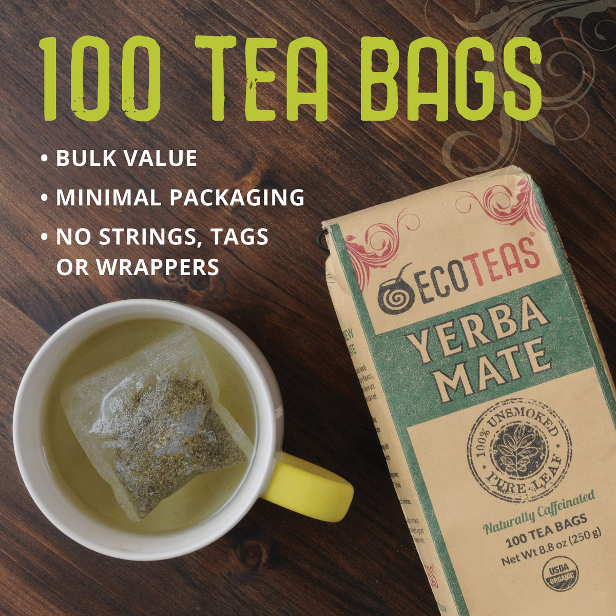 ECOTEAS Premium Organic Yerba Mate Tea Bags – Unsmoked, Kosher & Non-GMO Bulk 100 Bags