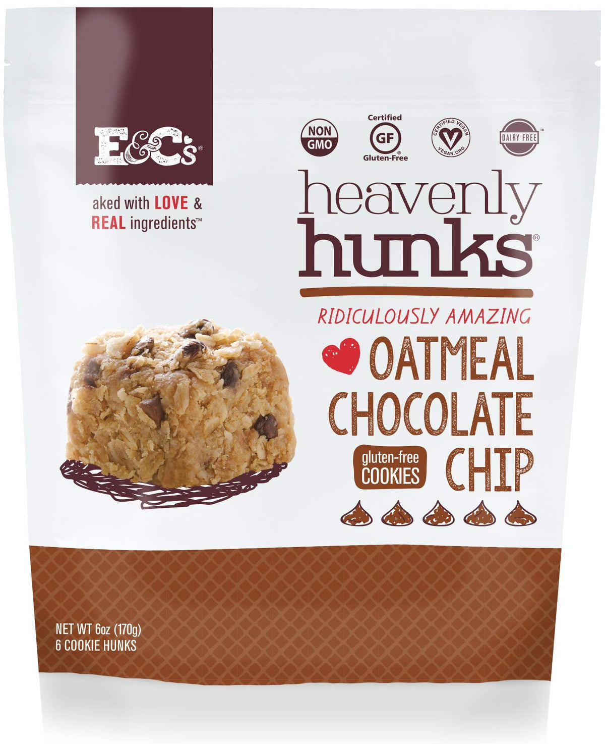 Heavenly Hunks Oatmeal Cookies - On-The-Go Breakfast & Snack Bars (Oatmeal Chocolate Chip, 6 oz bag - 6 Pack) | E&C's Snacks