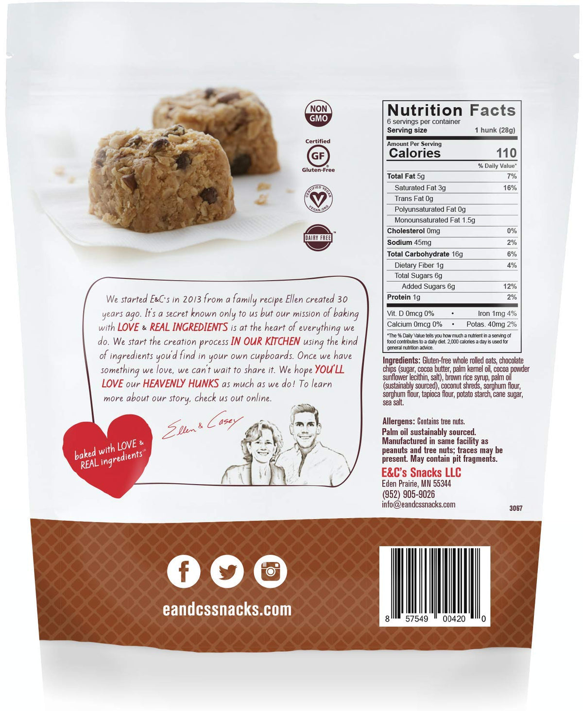 Heavenly Hunks Oatmeal Cookies - On-The-Go Breakfast & Snack Bars (Oatmeal Chocolate Chip, 6 oz bag - 6 Pack) | E&C's Snacks