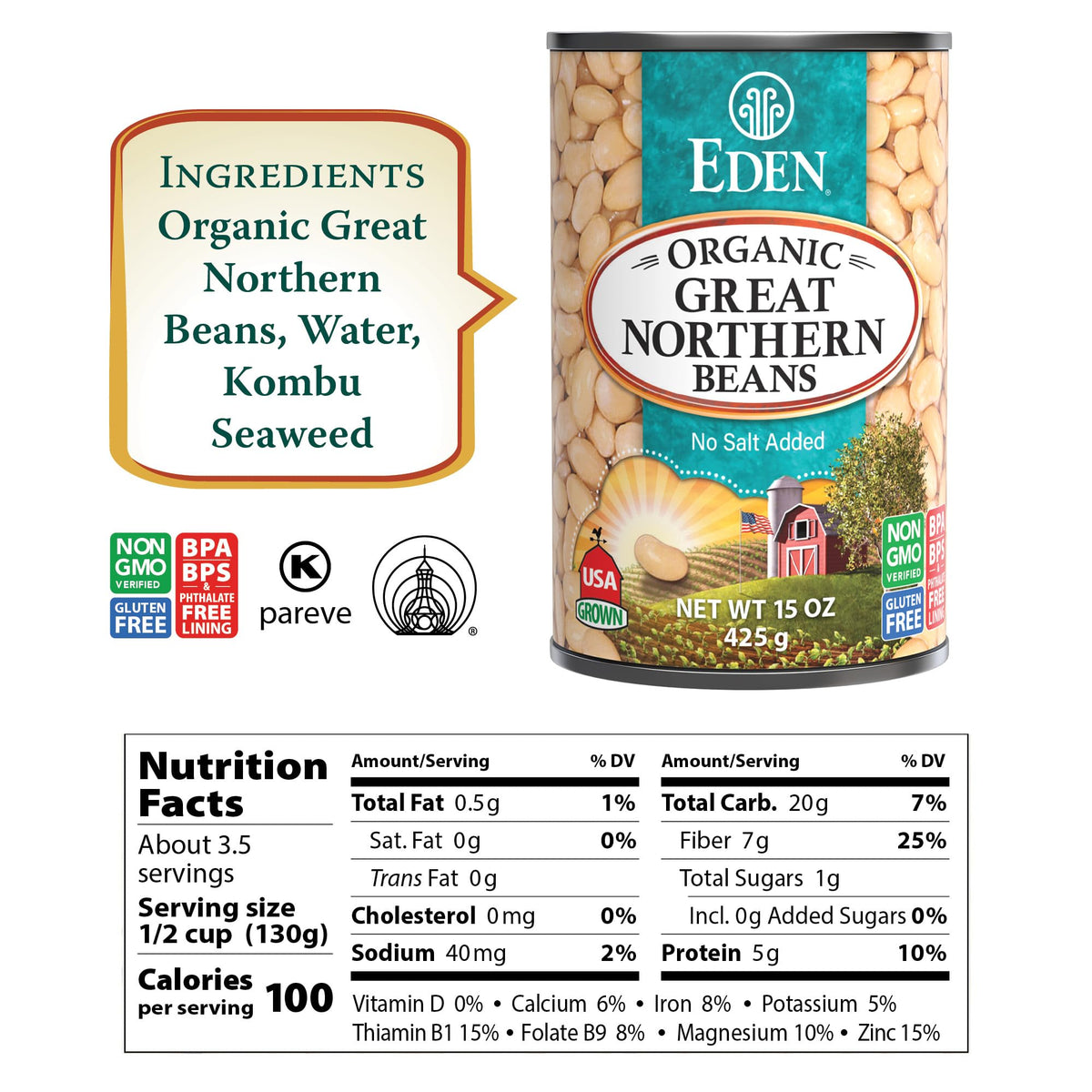 Eden Organic Great Northern Beans – No Salt Added, 15 oz Can (12-Pack) | Gluten Free, Non-GMO, U.S.-Grown