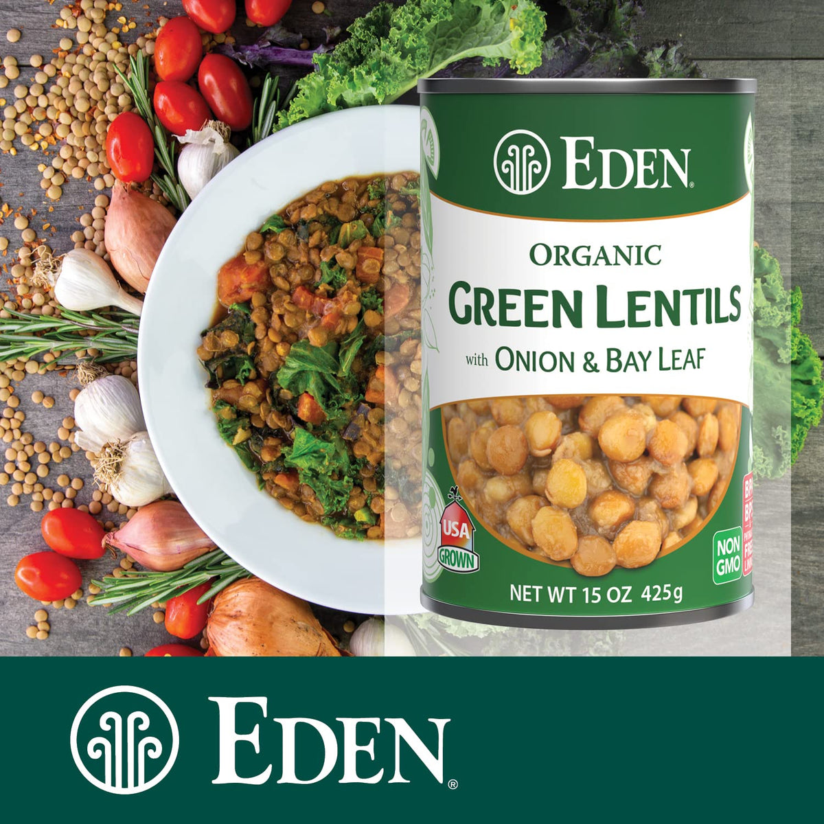 Eden Organic Green Lentils with Onion & Bay Leaf — 15 oz Can, 12-Pack