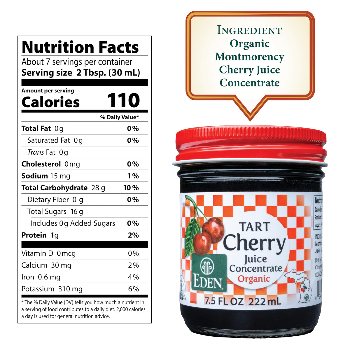 Eden Organic Montmorency Tart Cherry Juice Concentrate – 68 Brix, No Artificial Sugars, Michigan Cherries, 7.5 fl oz