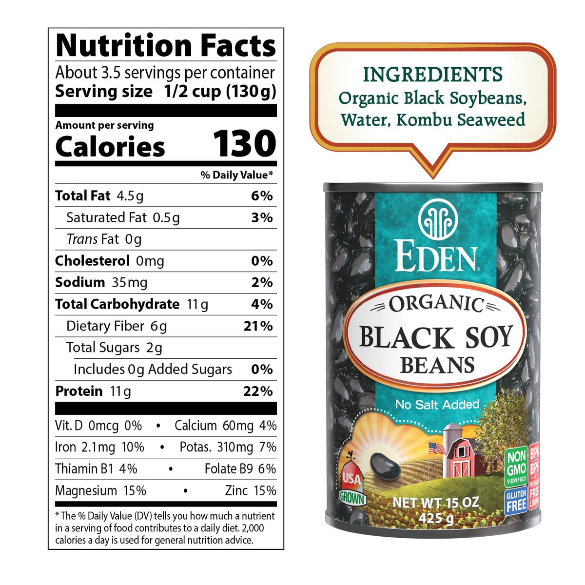 Eden Organic Black Soybeans | 15 oz Can (6-Pack) – Complete Plant Protein, Low Sodium, Gluten Free