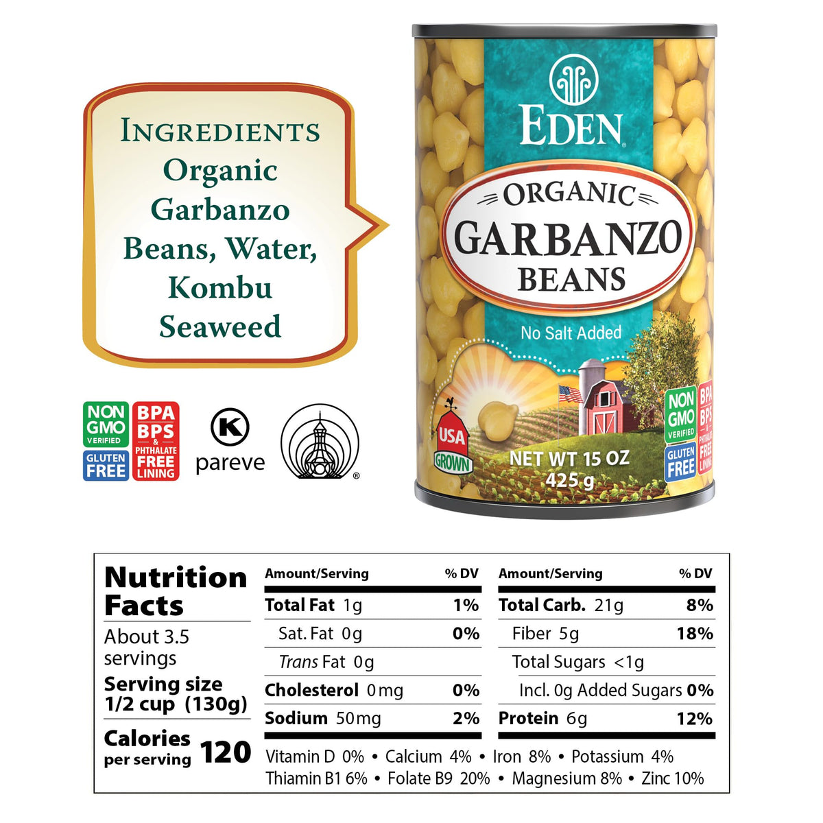 Eden Organic Garbanzo Beans (Chickpeas) 15 oz Can — No Salt Added, 12-Pack, Gluten Free, Vegan