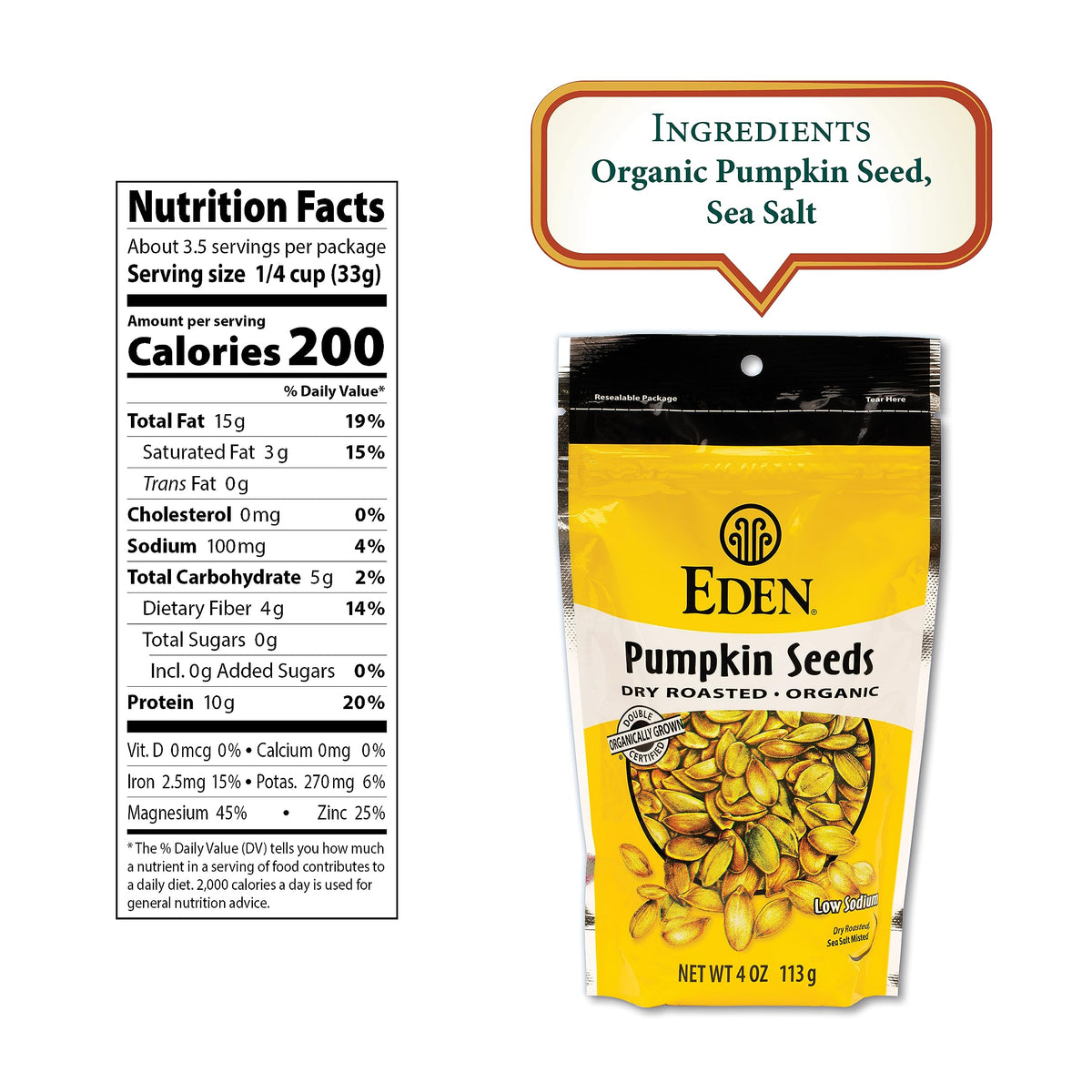 Eden Organic Pumpkin Seeds, Shelled – Dry Roasted & Lightly Sea Salted, 4 oz (6-Pack)