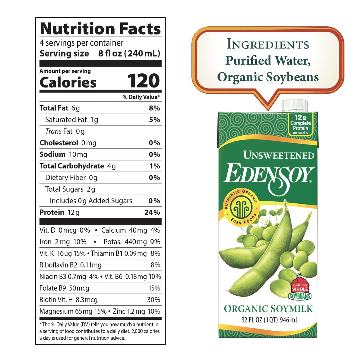 Edensoy Unsweetened Organic Soymilk — Non-GMO, Shelf-Stable 32 oz (6-Pack)