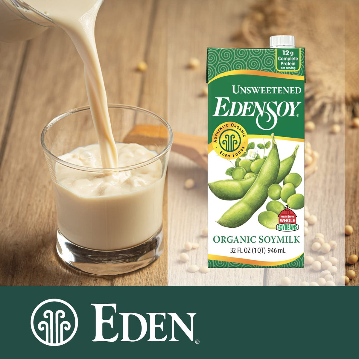 Edensoy Unsweetened Organic Soymilk — Non-GMO, Shelf-Stable 32 oz (6-Pack)