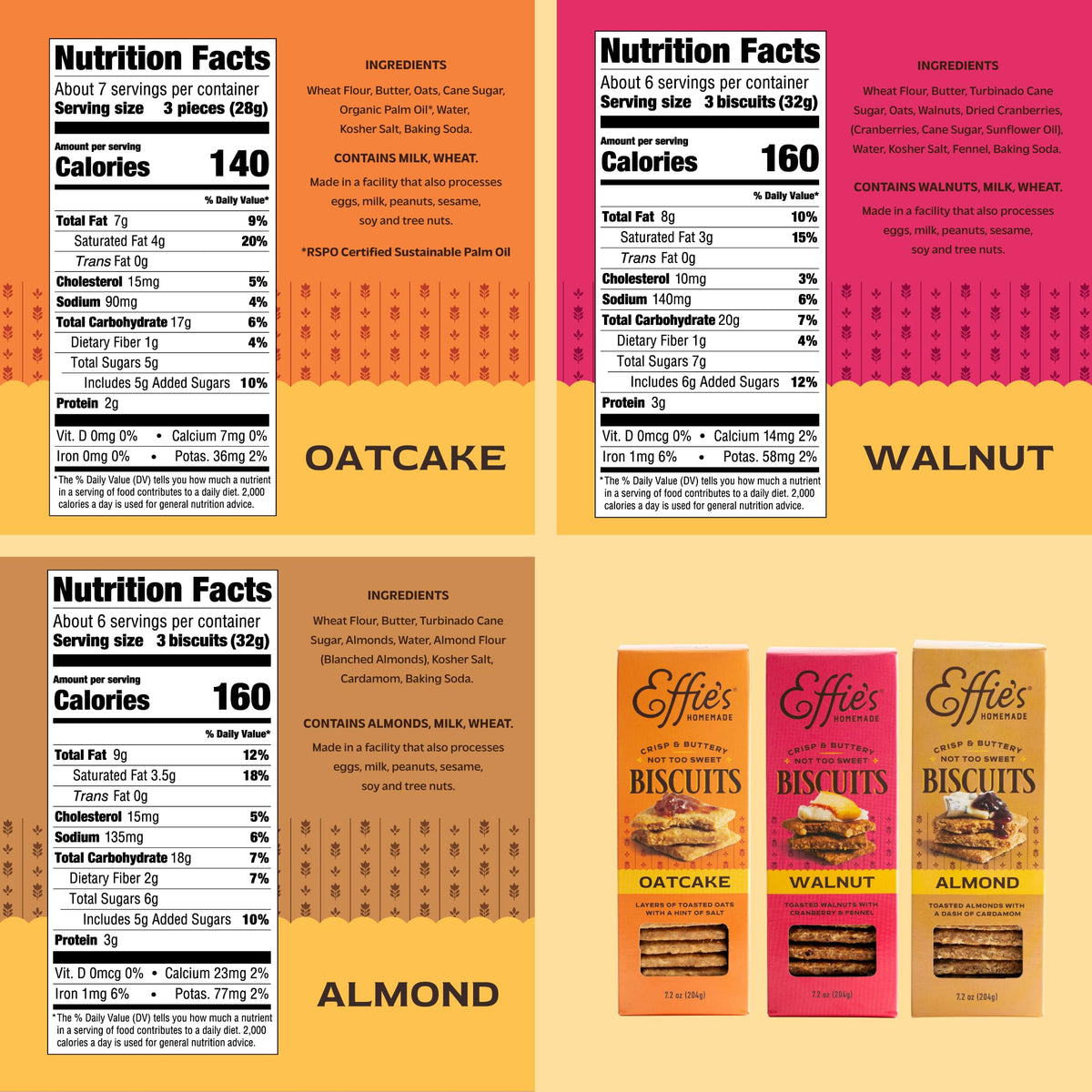 Effie's Homemade Biscuits - Variety Pack: Oatcakes, Walnut & Almond - 3-Pack