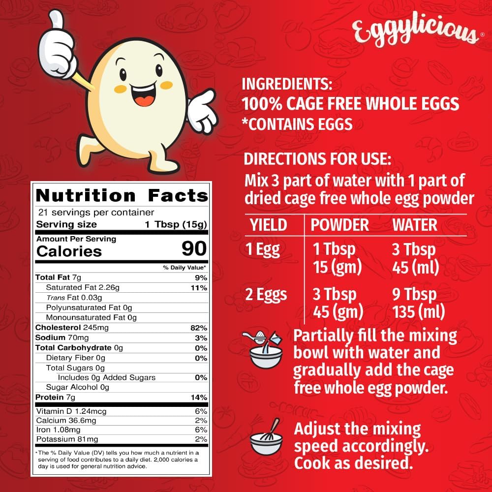 Eggylicious Cage Free Whole Egg Powder – 11 oz (312 g) | USA Made, Pasture-Raised Eggs for Baking & Scrambled Eggs
