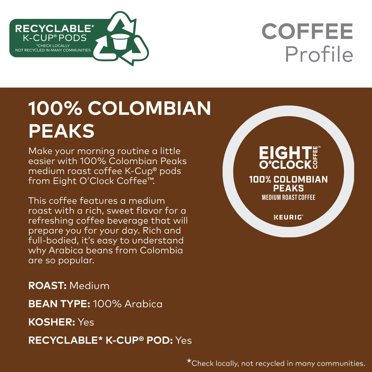 Eight O'Clock Colombian Peaks K-Cup Pods — Medium Roast, 32 Count | 100% Arabica, Kosher