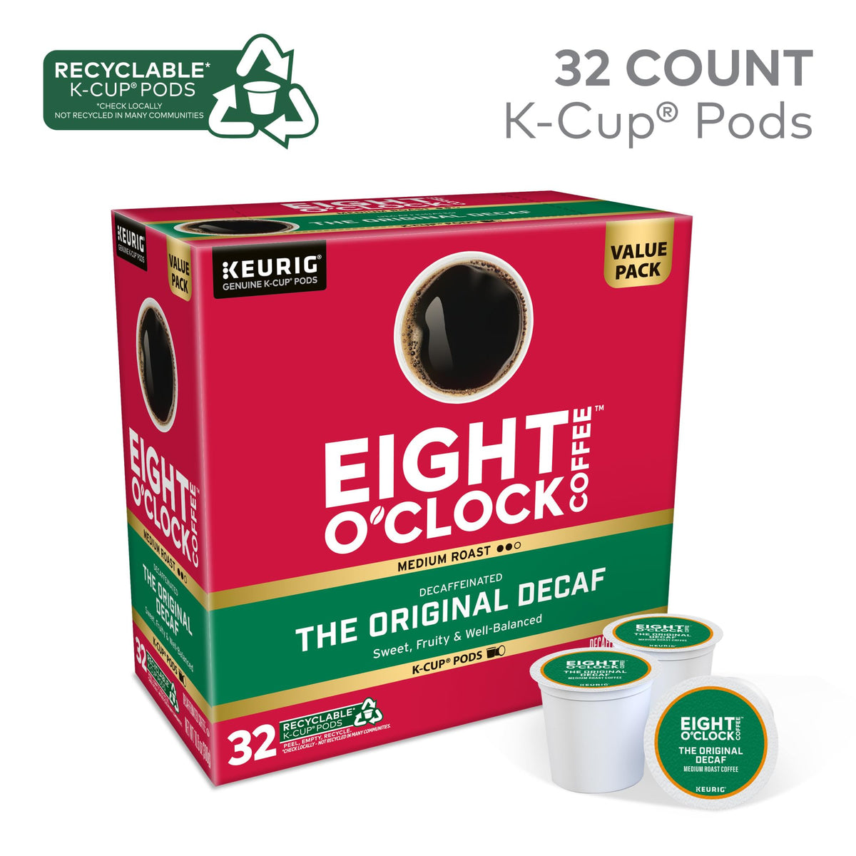 Eight O'Clock Coffee Original Decaf - Keurig K-Cup Pods, Medium Roast, 32-Count, 100% Arabica, Kosher