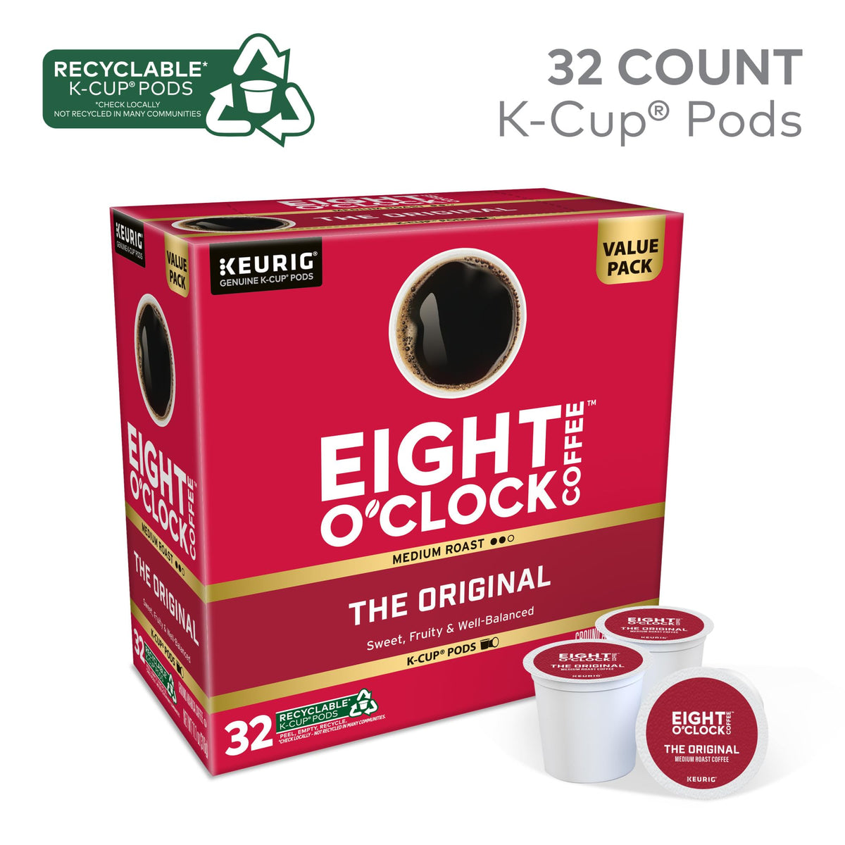 Eight O'Clock Coffee The Original Medium Roast K-Cup Pods, 32 Count – Keurig Compatible