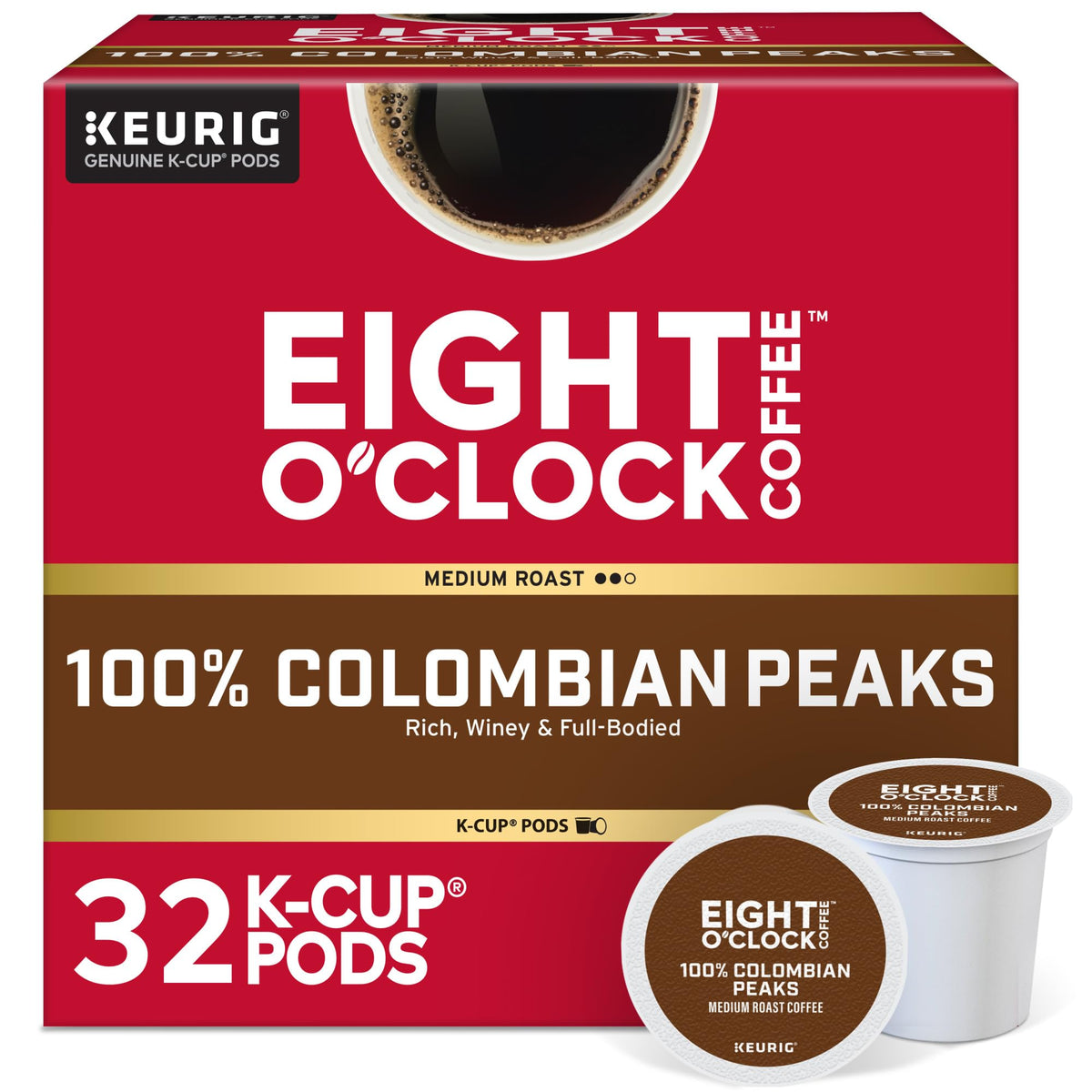 Eight O'Clock Colombian Peaks K-Cup Pods — Medium Roast, 32 Count | 100% Arabica, Kosher